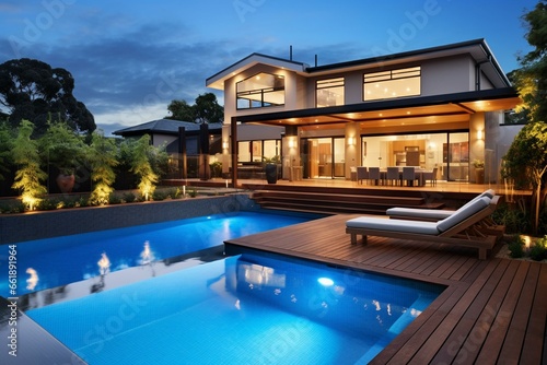 Stunning upscale suburban residence featuring pool and spacious outdoor area. Generative AI © Ursula