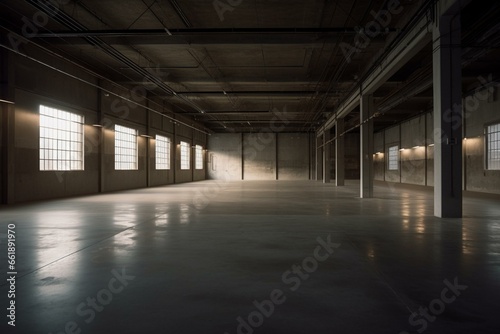 Contemporary vacant dim warehouse with illumination ahead. Generative AI