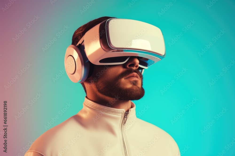 Portrait of a man in white clothes with modern white VR goggles on neon background. Portrait of a man in white clothes with modern white VR goggles on neon background.
