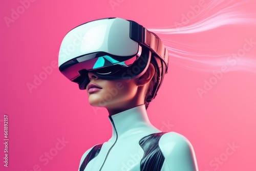 Portrait of pretty girl in white leather costume wearing futuristic virtual reality goggles on pink pastel background. © Владимир Солдатов