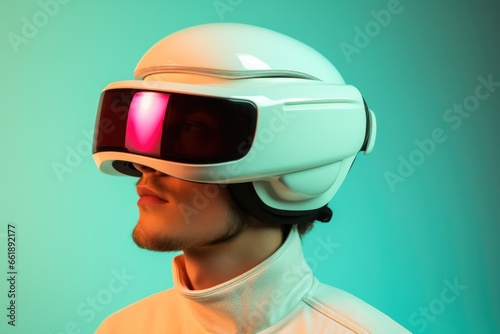 Futuristic portrait of a man on the side wearing a futuristic white virtual reality helmet on a blue background.