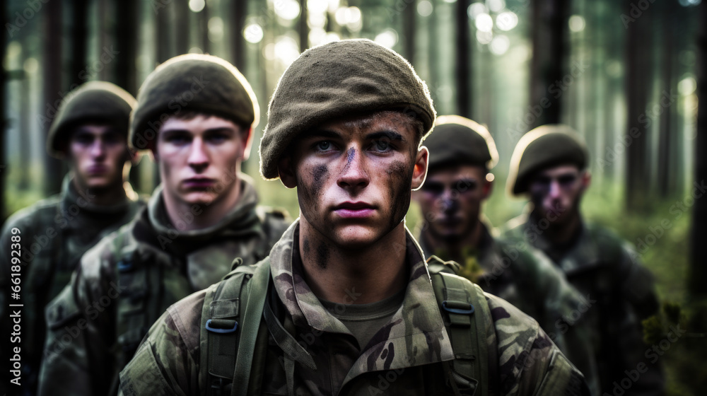 Group of emotionless young soldiers in military uniform standing in a forest and looking at camera. War and military service concept