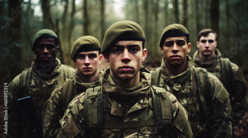 Group of emotionless young soldiers in military uniform standing in a forest and looking at camera. War and military service concept