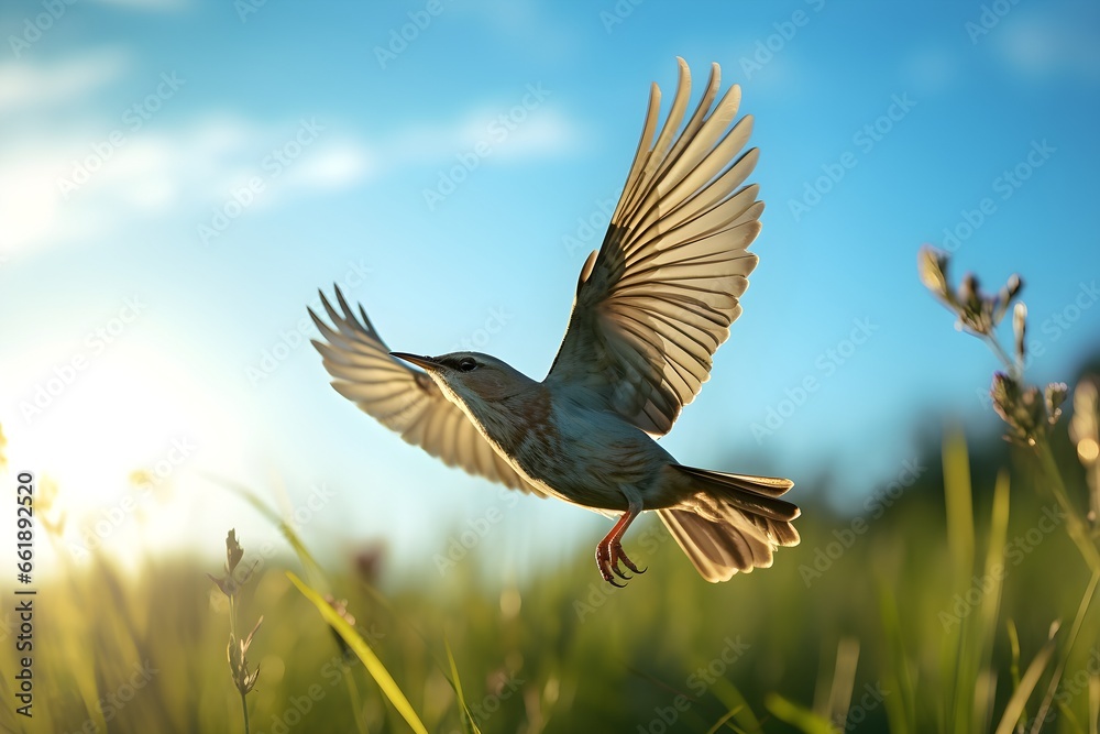 Vogel im Landeanflug auf einer Wiese, Sommer (Generative AI, KI) - obrazy, fototapety, plakaty 