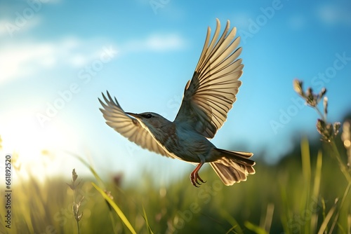 Vogel im Landeanflug auf einer Wiese, Sommer (Generative AI, KI)