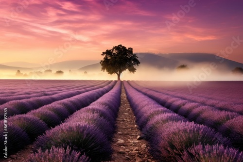 Dawn over vast lavender cultivation, lone trees in mist, mountains behind. Ideal for landscapes and serenity.