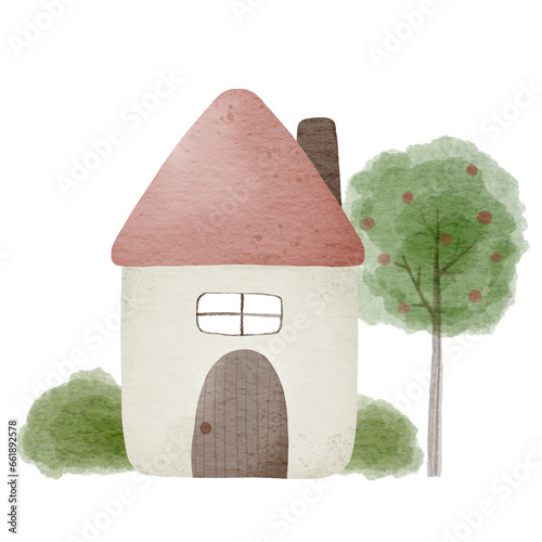 Watercolor cute houses and trees. 