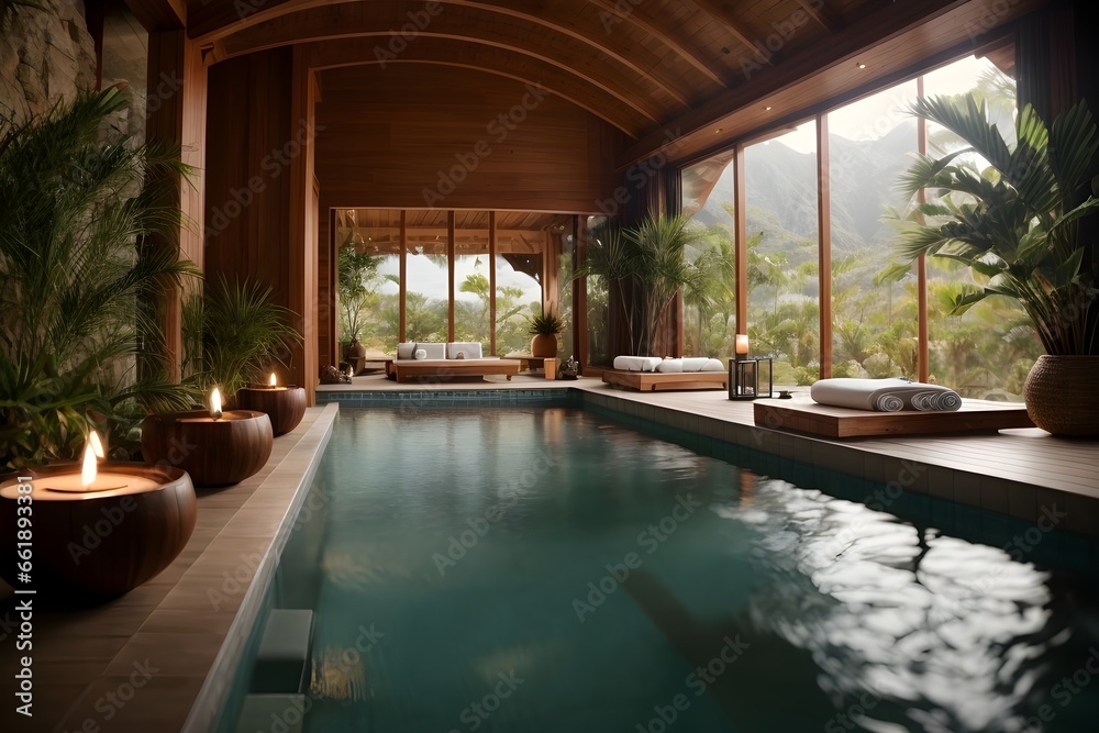 Zen, meditation, relaxing background with jacuzzi. Luxury spa resort and wellness haven. Generative AI.