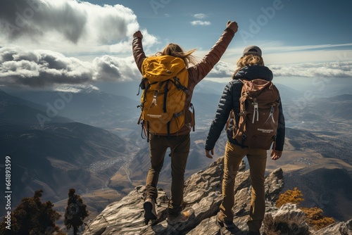 Couple jumping with backpacks on the mountain top