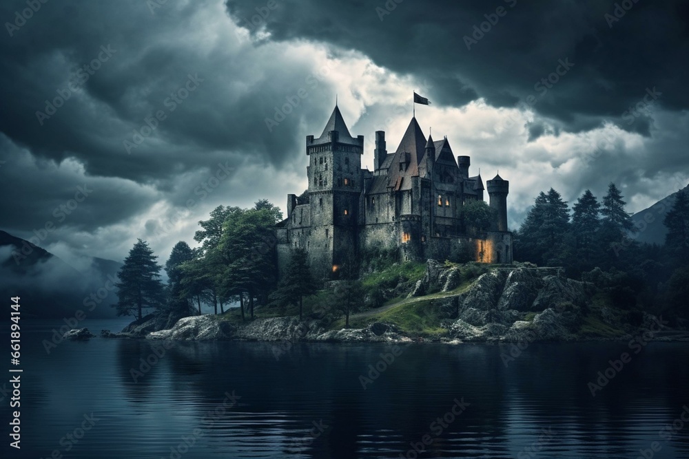 An old castle on a secluded island surrounded by a tranquil lake under a dark cloudy sky. (Digital art style). Generative AI