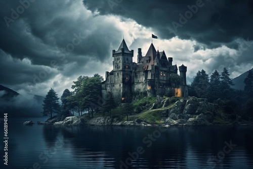 An old castle on a secluded island surrounded by a tranquil lake under a dark cloudy sky. (Digital art style). Generative AI