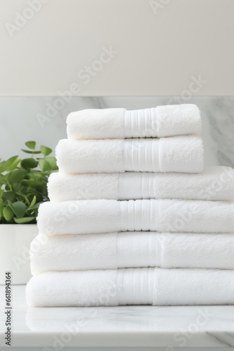 A stack of white towels sitting on top of a counter.