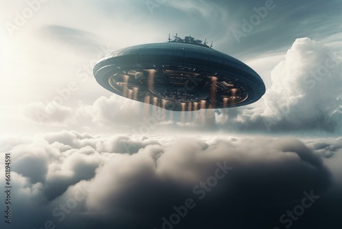 Enormous extraterrestrial spacecraft amidst clouds. Made using advanced techniques. Generative AI