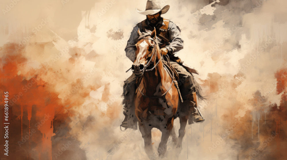 Abstract image of cowboy riding on a horse against colorful sunset sky. Silhouette of rider in cowboy costume sit on powerful and smart horse on sunrise background. - obrazy, fototapety, plakaty 