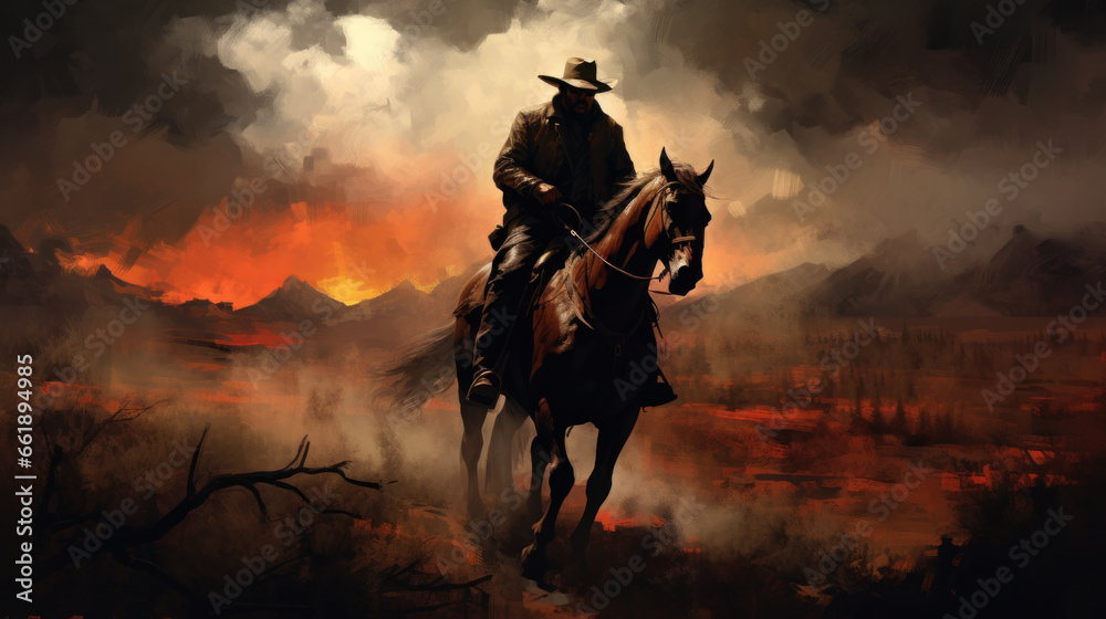 Abstract image of cowboy riding on a horse against colorful sunset sky. Silhouette of rider in cowboy costume sit on powerful and smart horse on sunrise background.