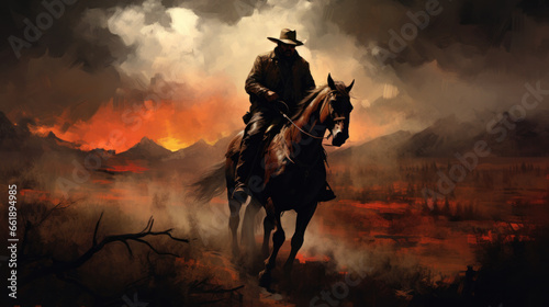 Abstract image of cowboy riding on a horse against colorful sunset sky. Silhouette of rider in cowboy costume sit on powerful and smart horse on sunrise background. photo