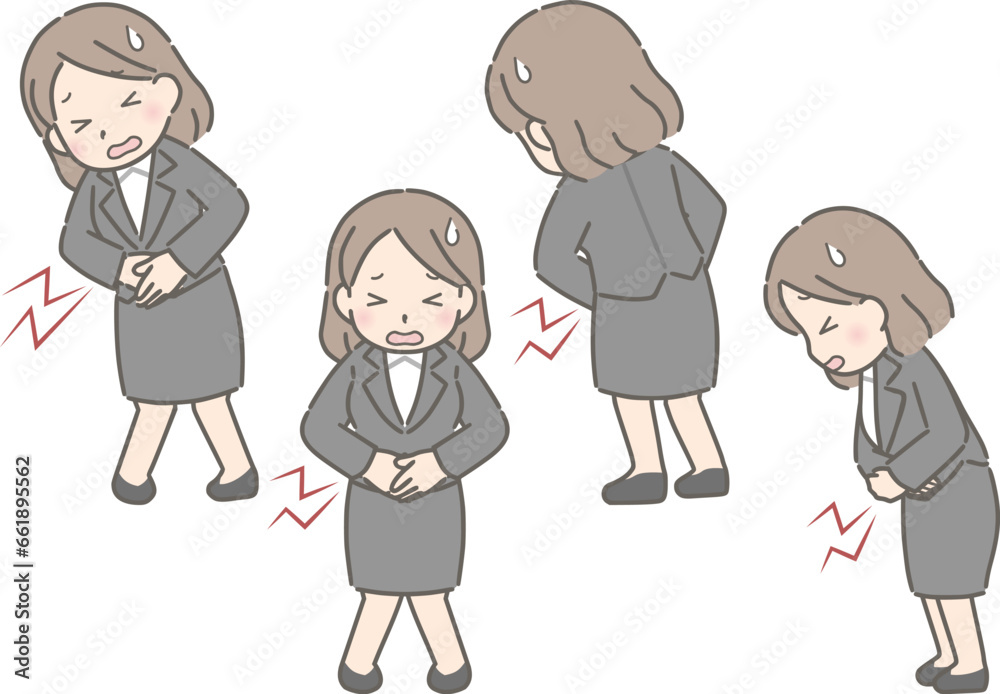 腹痛でおなかをおさえる若い女性(スーツ) 腹痛でおなかをおさえる若い女性(スーツ)