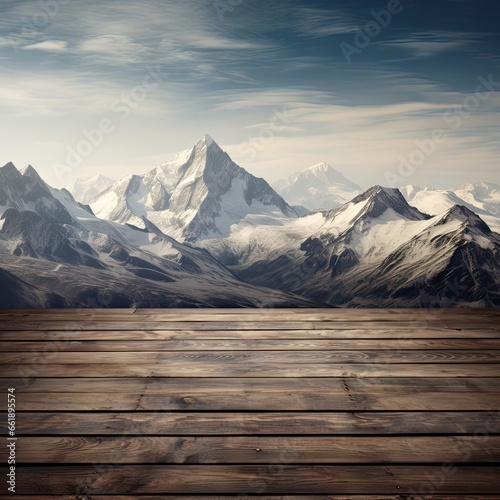 Empty wooden table and snowy mountains. Created by AI photo