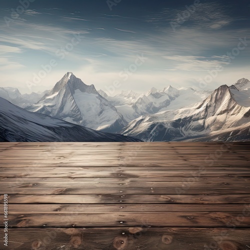 Empty wooden table and snowy mountains. Created by AI © Tammy