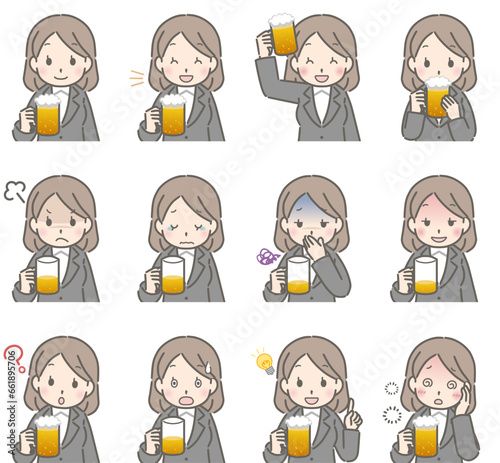 ビールを持った若い女性の色々な表情（スーツ）