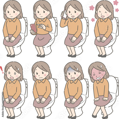 便座に座る若い女性の色々な表情（私服）