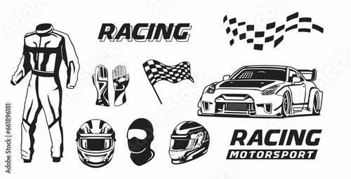 vector motorsport racing design, collection of clip art of racer equipment, wearpacks, helmets, gloves, cars and checker flags