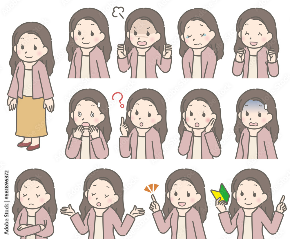 若い女性の表情セット(斜め向き、私服) 若い女性の表情セット(斜め向き、私服)