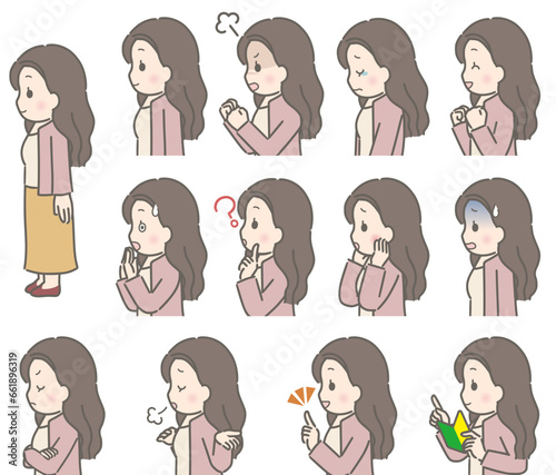 若い女性の表情セット（横向き、私服）
