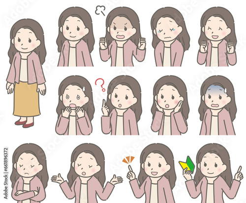若い女性の表情セット（斜め向き、私服）