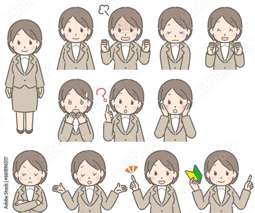 若い女性の上半身表情セット（正面、スーツ）