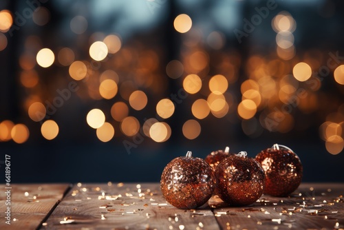 Christmas balls on a wooden table in front of bokeh lights. A Cozy Bronze Christmas Background with Bokeh Lights and Christmas Tree. 