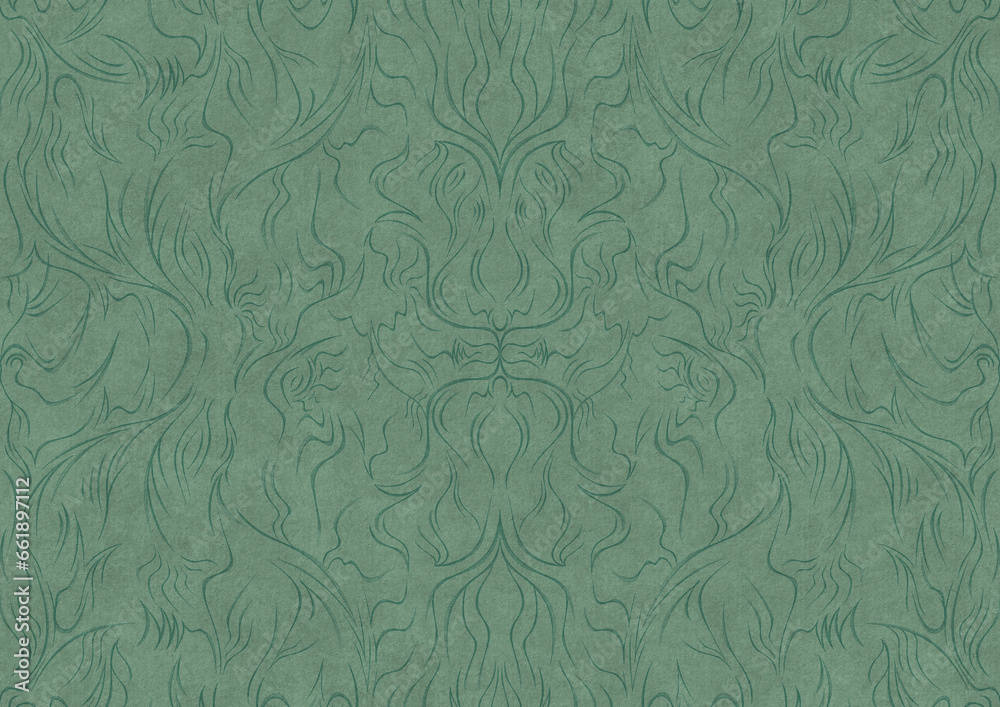 Hand-drawn unique abstract symmetrical seamless ornament. Dark semi transparent green on a light cold green background color. Paper texture. A4. (pattern: p11-1a) Hand-drawn unique abstract symmetrical seamless ornament. Dark semi transparent green on a light cold green background color. Paper texture. A4. (pattern: p11-1a)