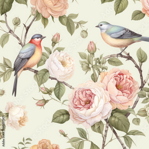 English roses pattern background with beautiful birds, vintage, retro style for print, fabric, silk, decoration. © Amanita Li