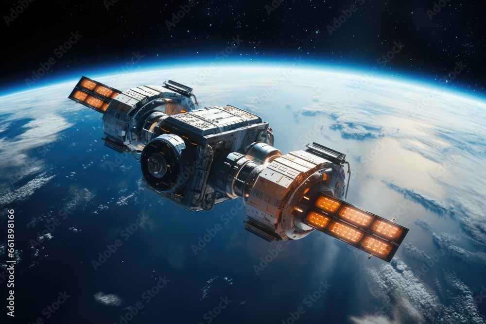 Spaceship on orbit of planet earth. Exploration of space concept.