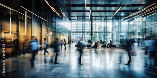Business workplace with people in walking in blurred motion in office space photo