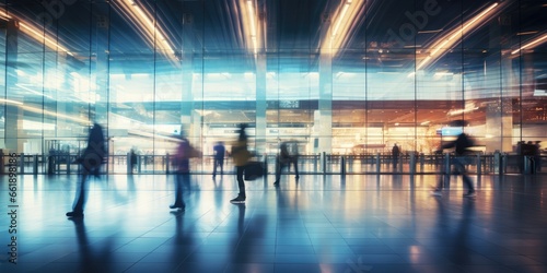 International airport with people in walking in blurred motion background