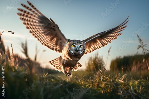 Eule im Landeanflug über einer Wiese, Morgenlicht, Nahaufnahme