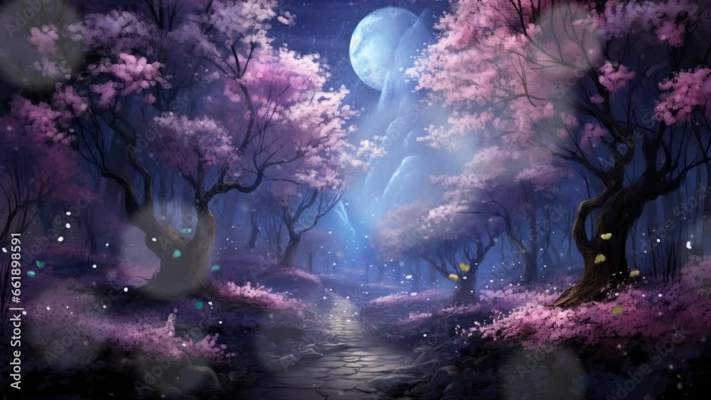 Beautiful fantasy spring nature landscape and cherry blossom tree animated background in Japanese anime watercolor painting illustration style. seamless looping video animated background