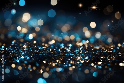 abstract christmas background with bokeh defocused lights and stars. Blue Glitter Background for Christmas or Special Occasion. 