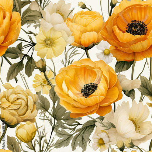 Fototapeta Naklejka Na Ścianę i Meble -  Seamless pattern, Ranunculus flowers , vintage style , water color design