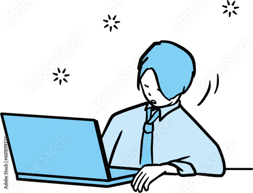 pc前でうとうとするスーツ男性の単色イラスト