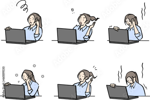 PCを前にいろいろな表情をする働く女性のイラストセット