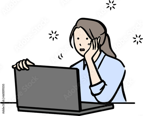 パソコン画面を見て癒される働く女性のイラスト