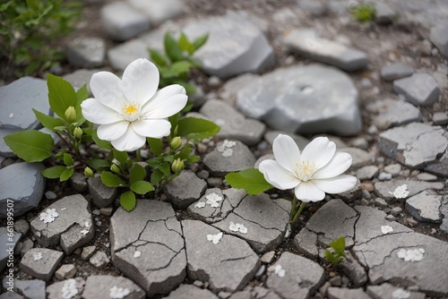 top view soft focus White flower growing in cracked dry earth. ai generative