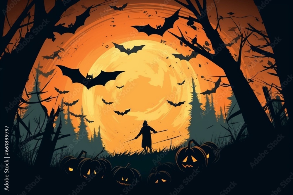 spooky meeting under moonlit night with pumpkin and bats. Generative AI