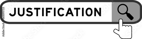 Search banner in word justification with hand over magnifier icon on white background