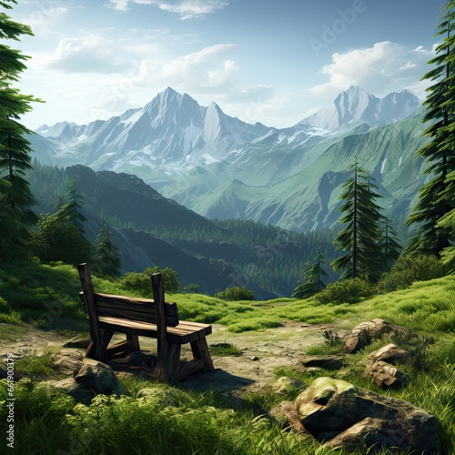 Wooden seats and mountains in the green forest. Created by AI