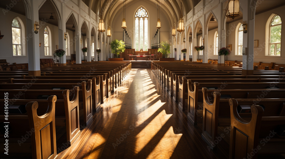Quiet Church Morning: A softly lit church interior, where early worshippers gather for their morning prayers.