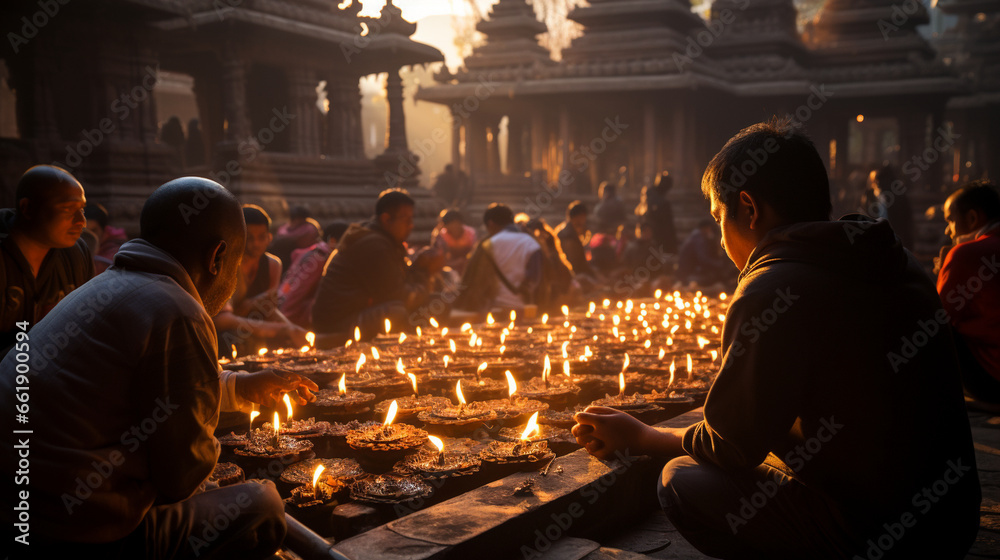 Temple Morning Ritual: Devotees engaged in a morning prayer ritual at a majestic temple adorned with intricate details. Temple Morning Ritual: Devotees engaged in a morning prayer ritual at a majestic temple adorned with intricate details.