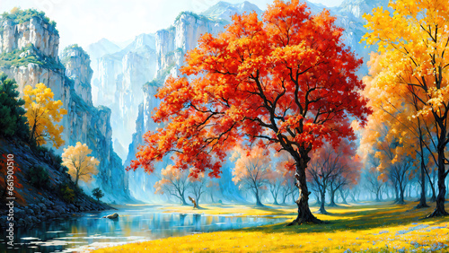 An autumn colorful landscape, beautiful orange red trees in the forest near river.
